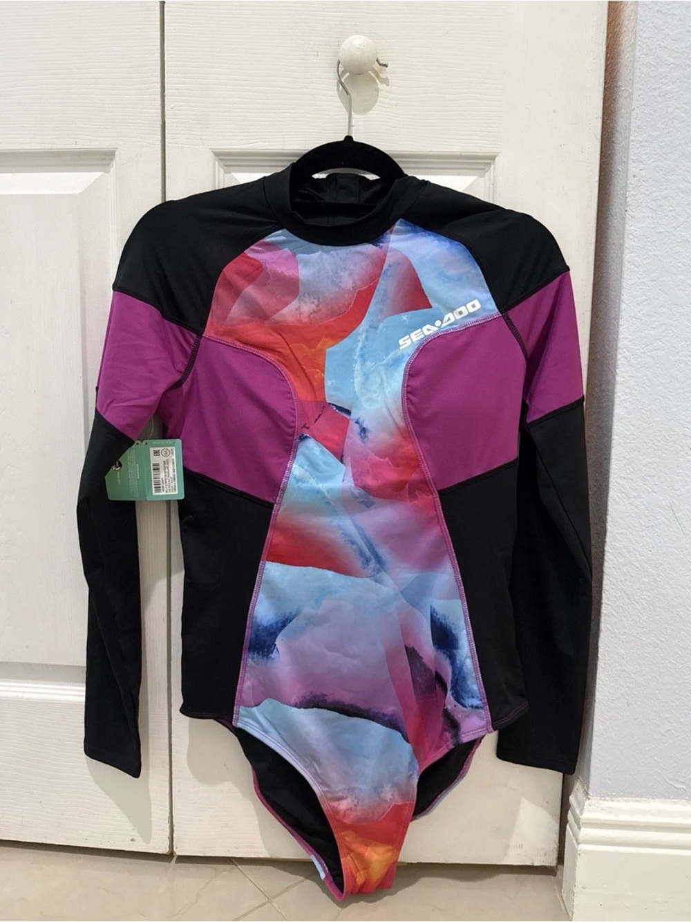 Seadoo Women's Purple Multi Long-Sleeve One-Piece Rash Guard L NWT